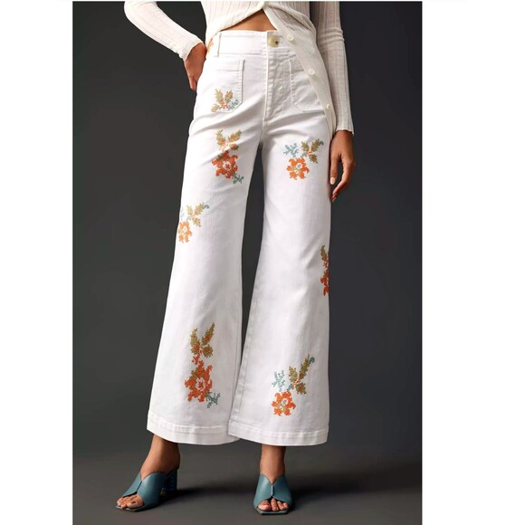 Anthropologie Denim - Maeve Anthropologie Colette Jeans 30 White Floral Embroidered Crop Wide Leg Boho